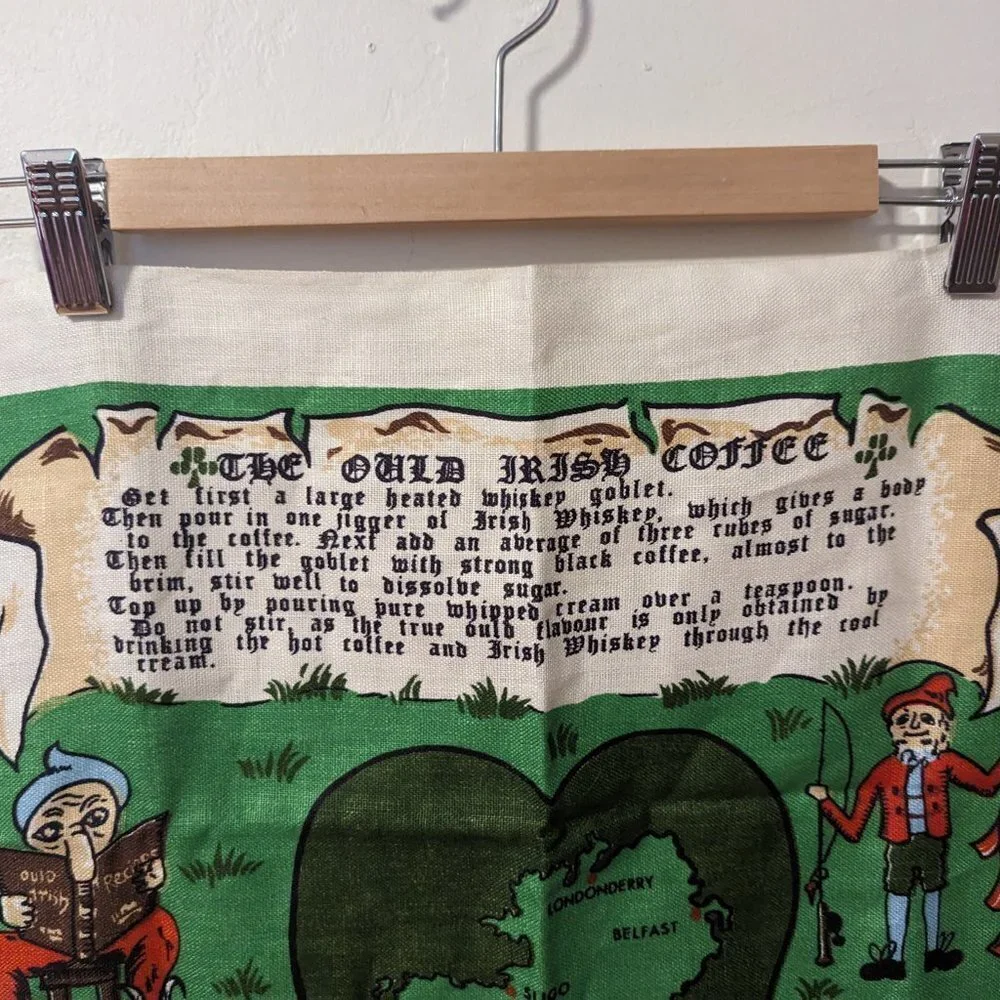 Vintage Linen Irish Coffee Tea Towel Wall Hanging Woven‎ Recipe Caldron